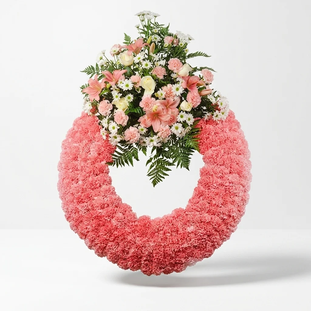 Coral carnation wreath with pink and white flowers on a white background