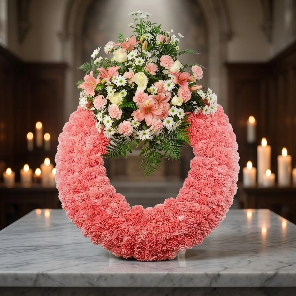 Wreath of coral carnations with a spray of pink flowers