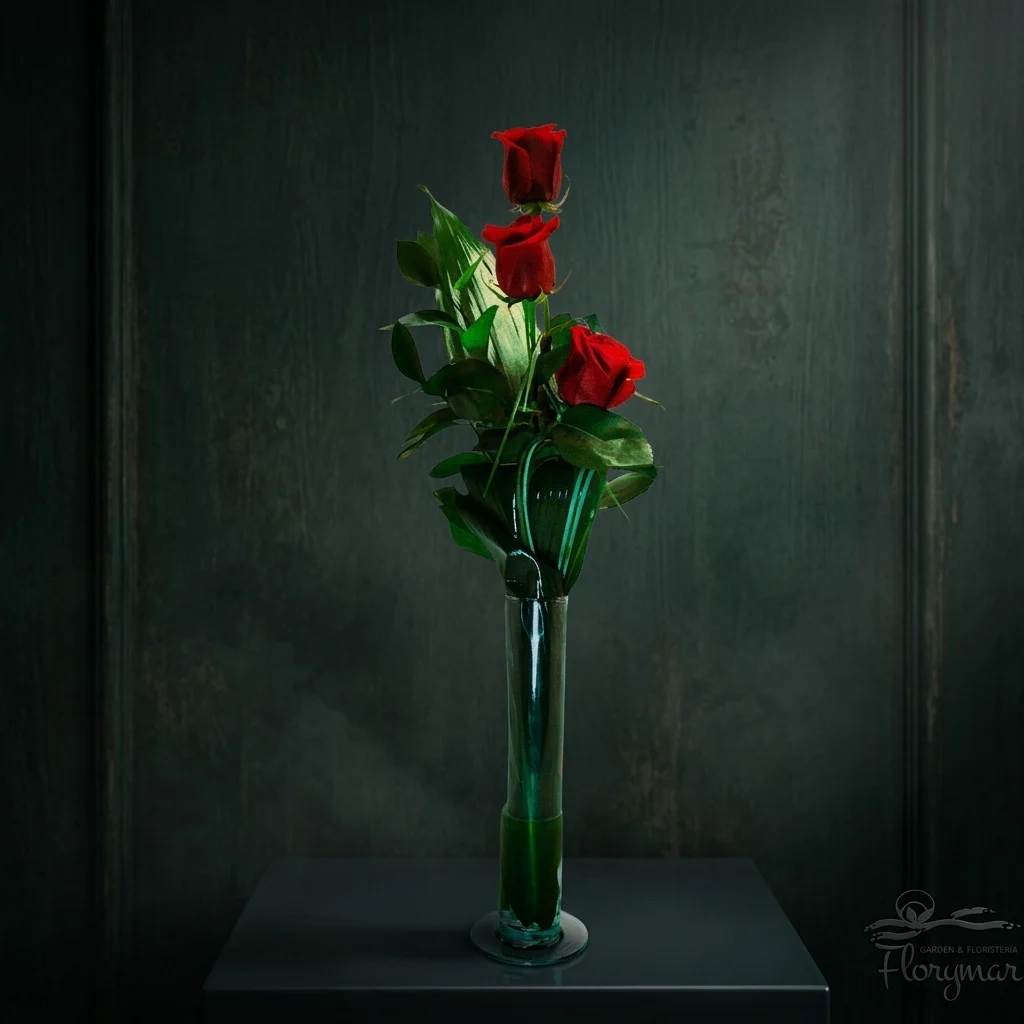Three red roses with green leaves on a dark background