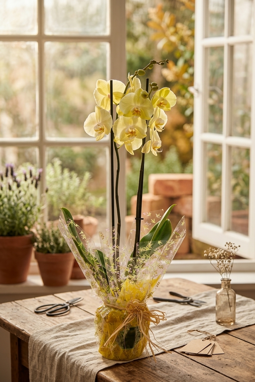 Orquídea Amarilla + Cubremaceta de cerámica