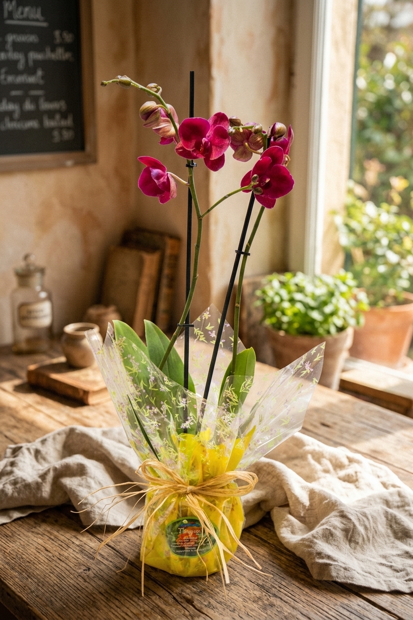 Orquídea Burdeos + Cubremaceta de cerámica