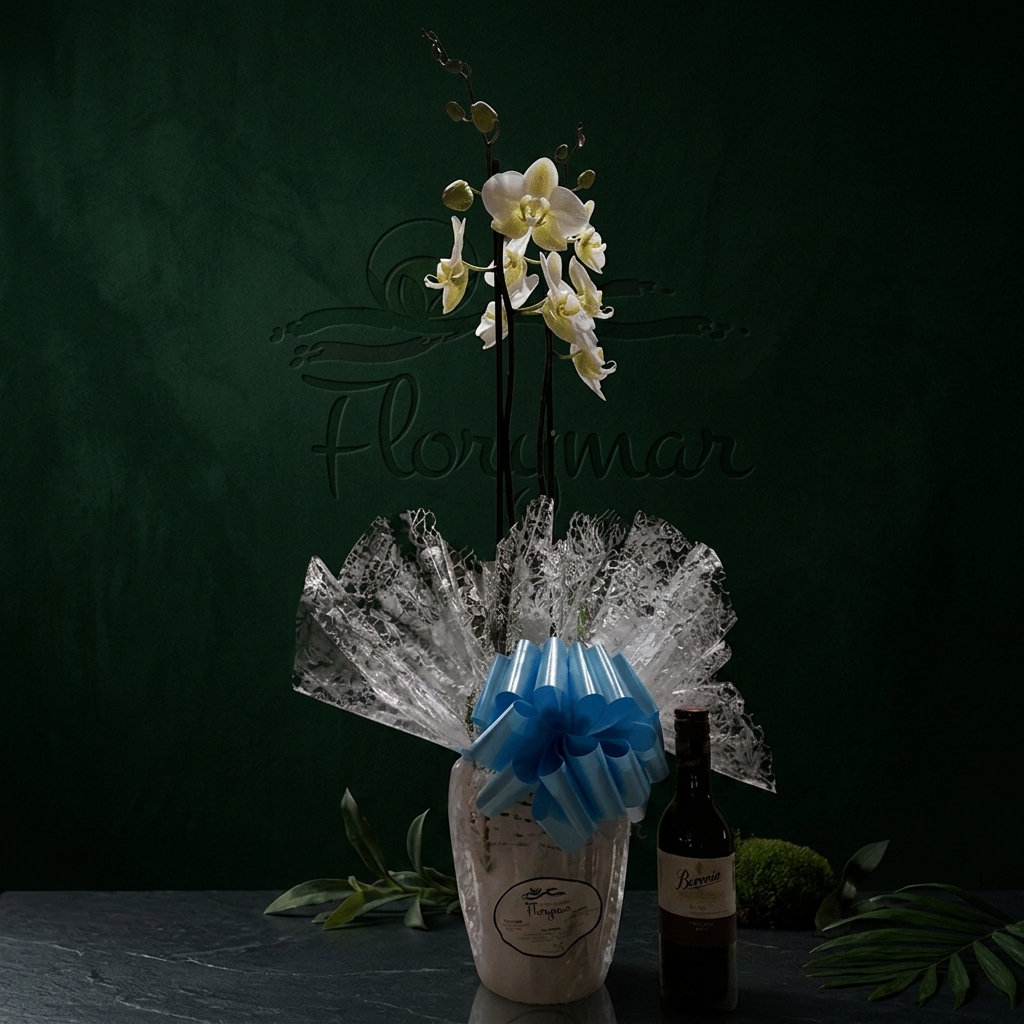 Orquídea + Cubremacetas de Cerámica + BOTELLITA BERONIA RIOJA 17,5CL - Imagen 2
