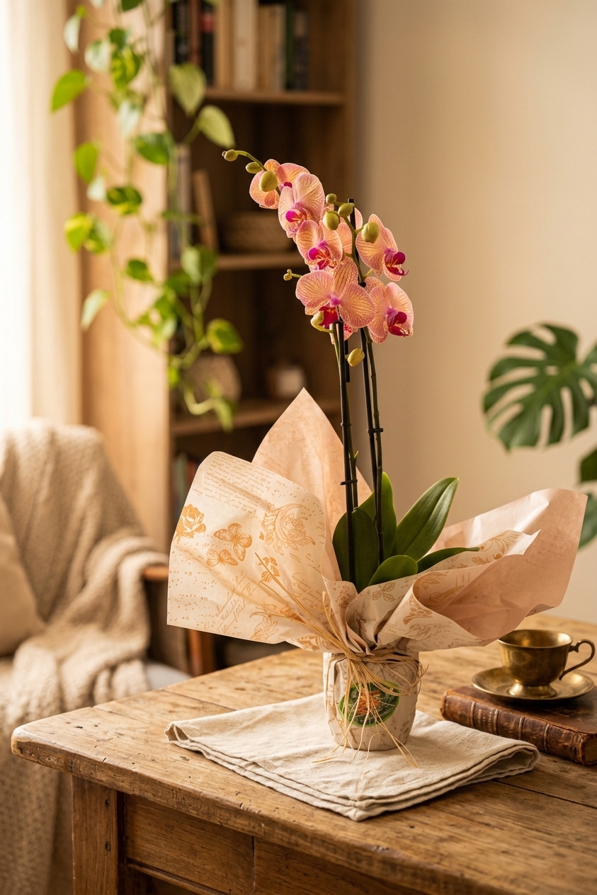 Orquídea Naranja + Cubremaceta de cerámica