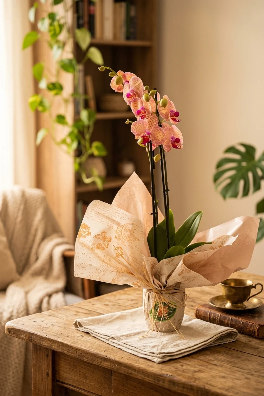 Orange orchid in a ceramic pot cover