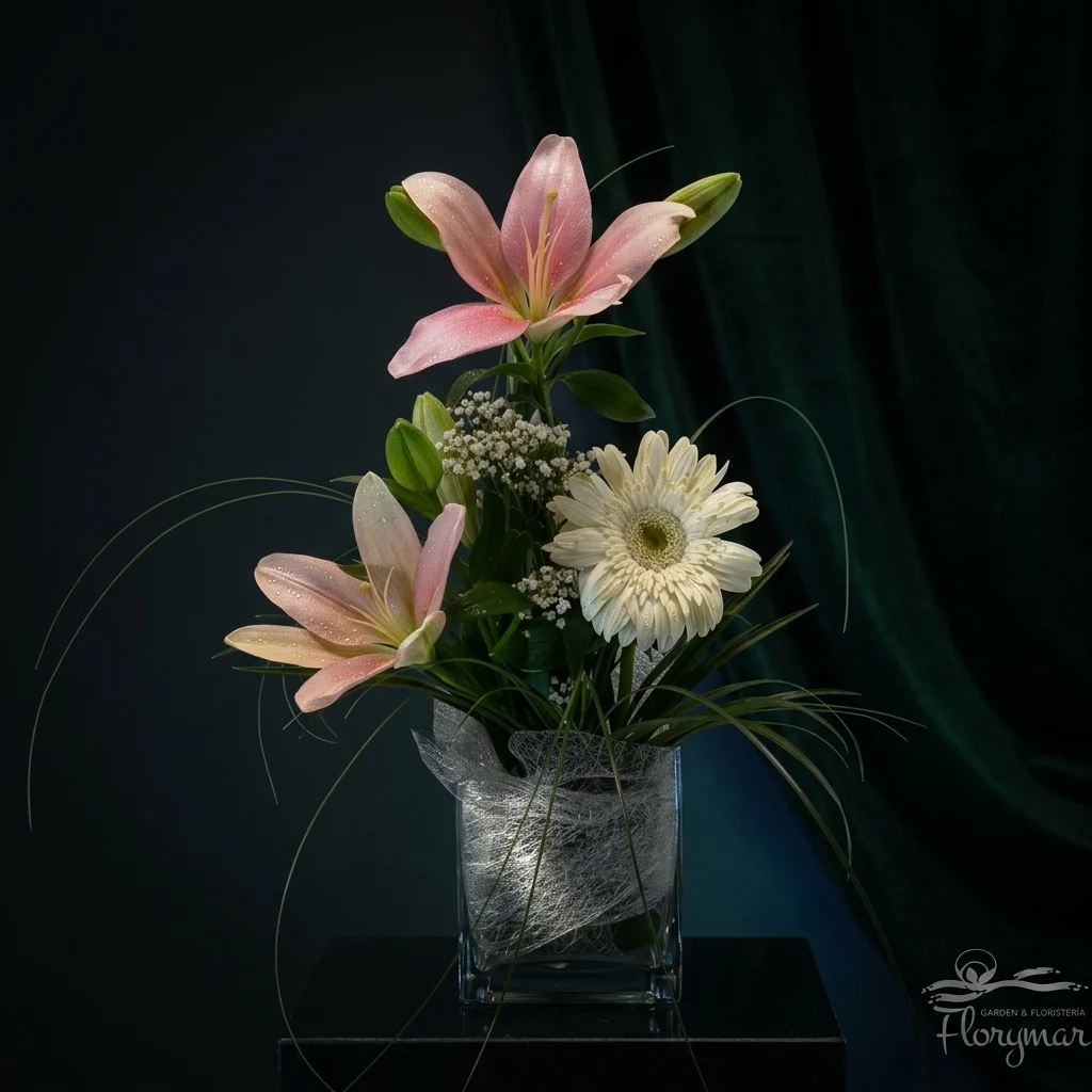 Pink lilies and white gerbera in a glass base on a dark background