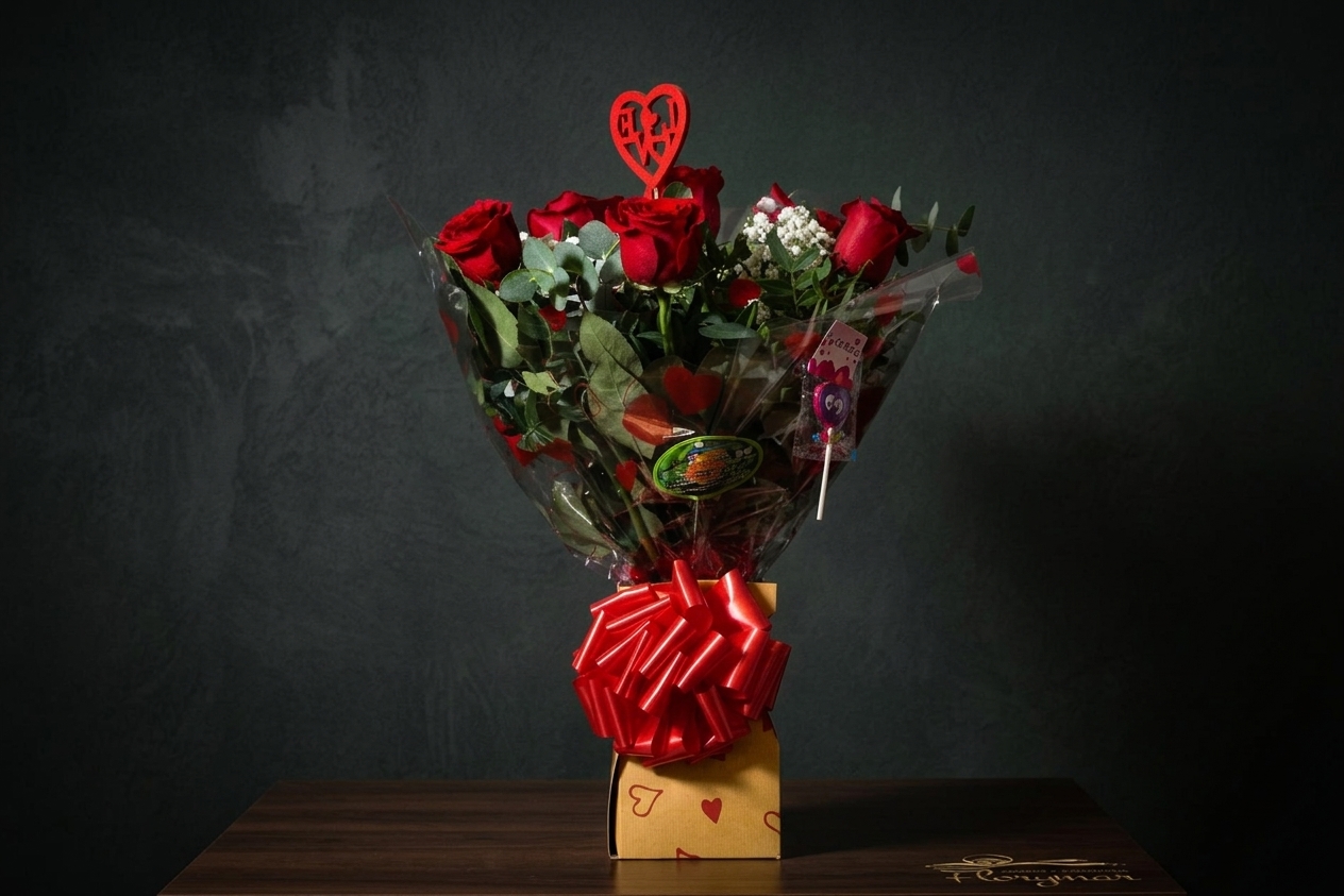 Ramo de 6 Rosas Rojas en caja + Pick LOVE - Imagen 2