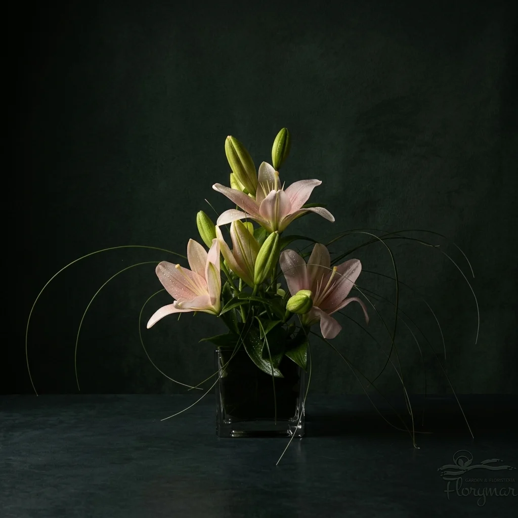 Pink lilies with bear grass in a glass base on a dark background