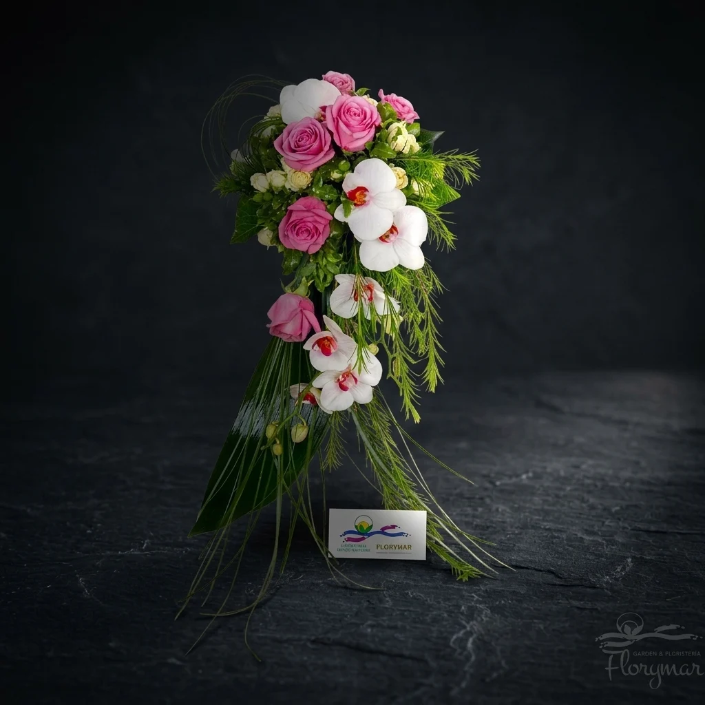 Ramo de novia en cascada de rosas rosas y orquídeas blancas sobre fondo oscuro