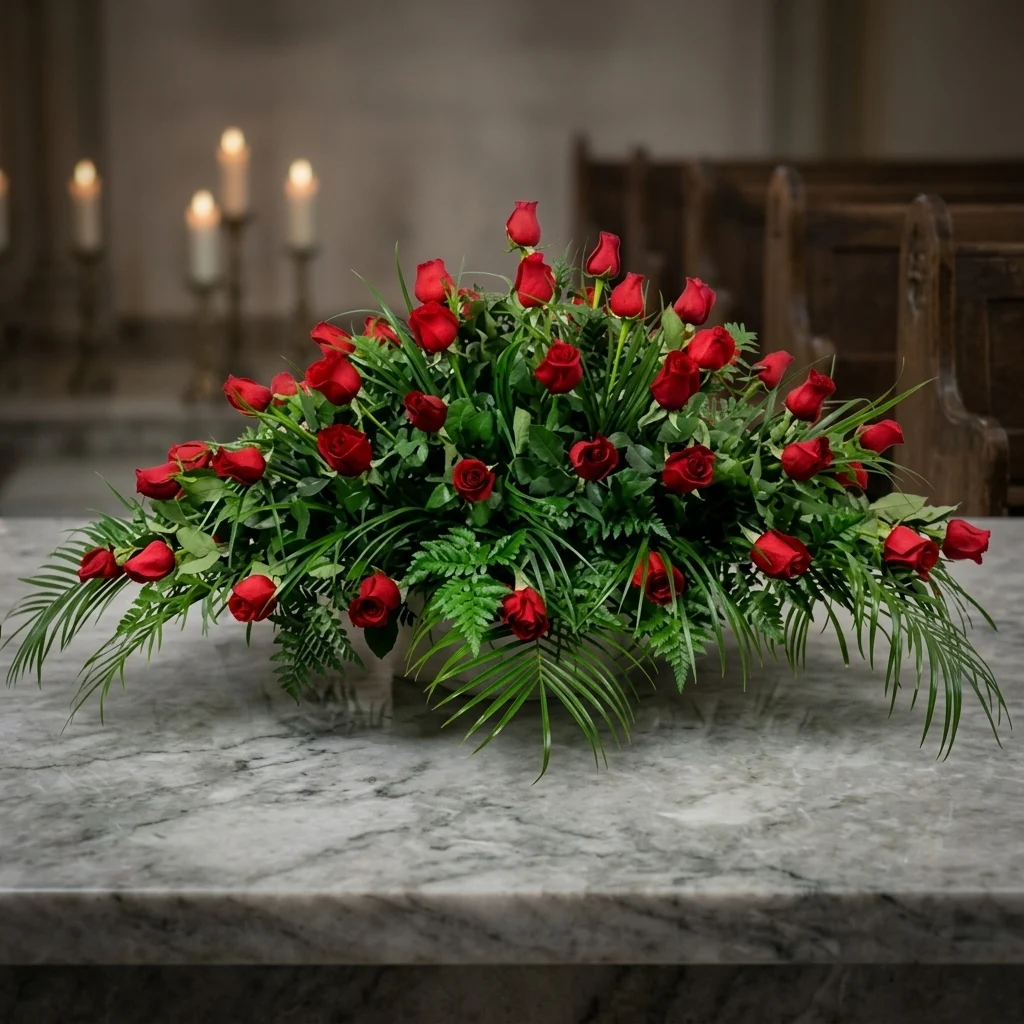 Long spray of red roses with fern and palm leaves