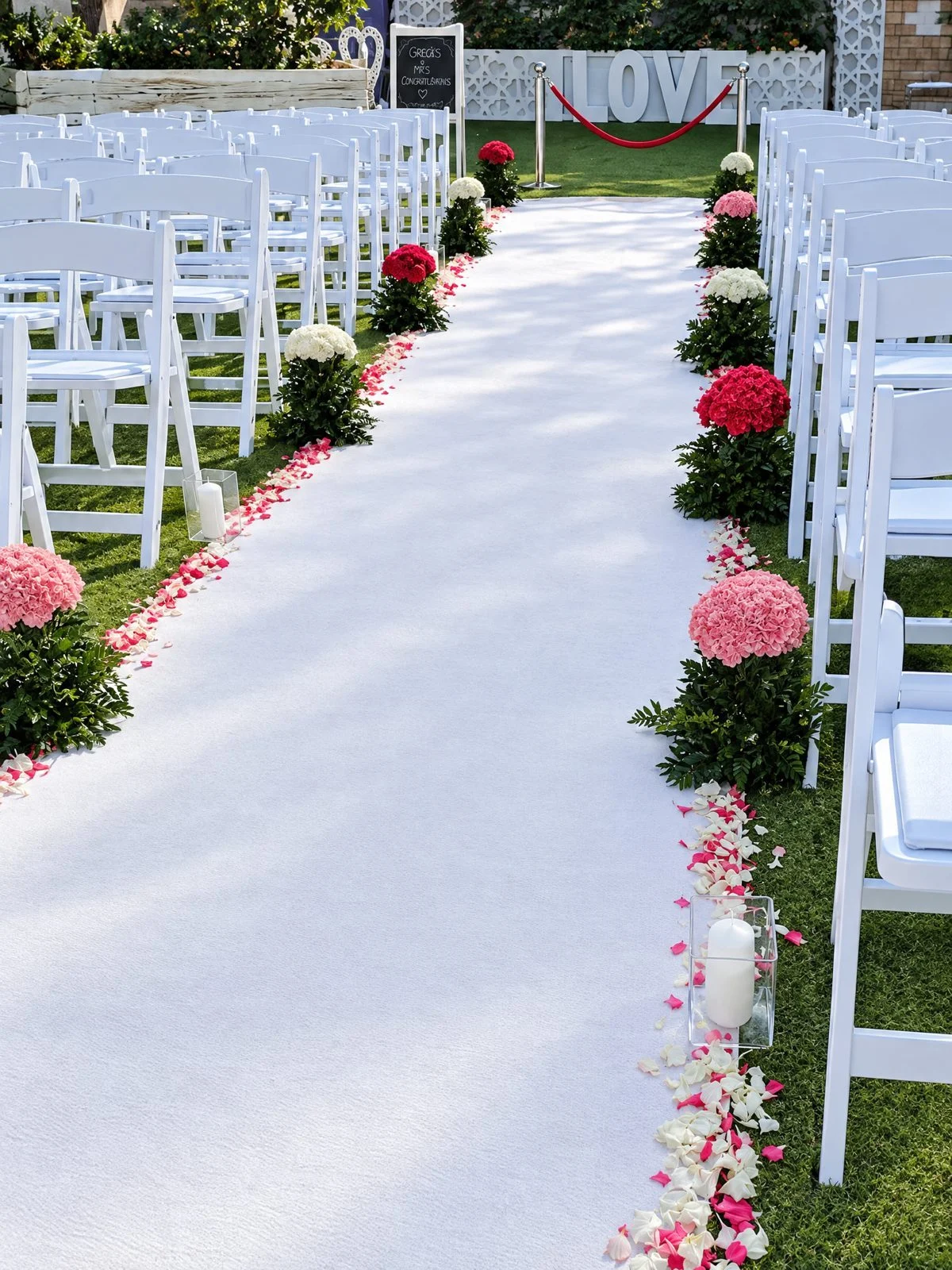 White aisle runner for hire at a wedding, with petals and flowers along the sides