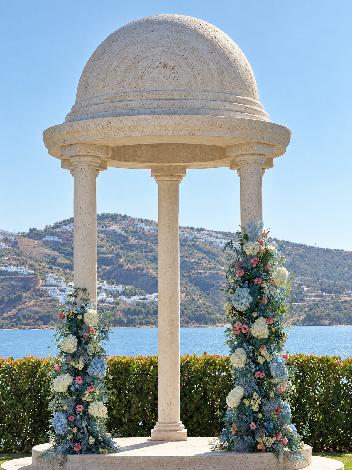 Wedding flowers at B Bou La Viñuela: temple columns covered in blue hydrangea beside the reservoir